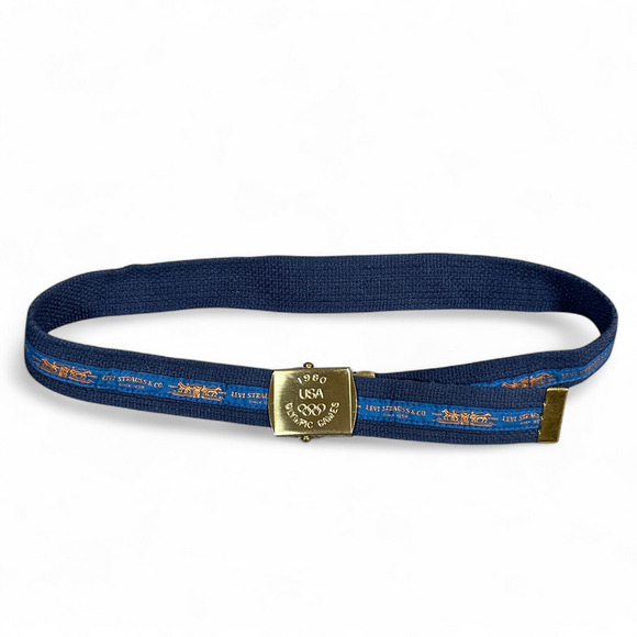 Vintage Levis Belt Mens 30 Blue Canvas Slide 1980 Olympic Games USA 80s - Picture 1 of 9